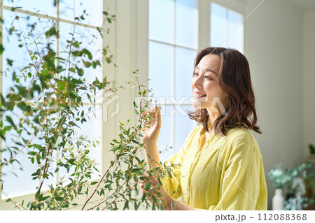 観葉植物の手入れをする女性 観葉植物の手入れをする女性 112088368