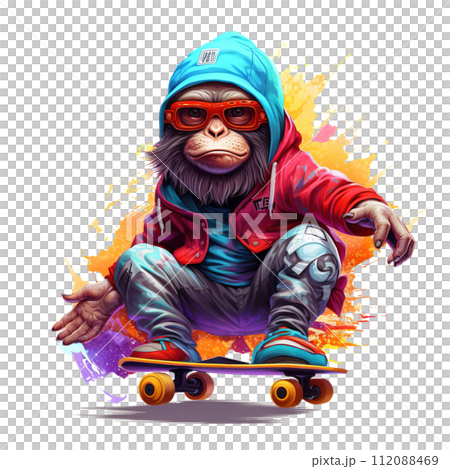 Monkey playing skateboard for Sublimation Printing. Hip hop. Animals. Illustration, Generative AI. 112088469
