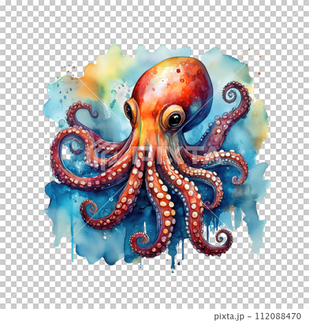 Watercolor painting of an octopus, Undersea animals. Illustration, Generative AI. 112088470