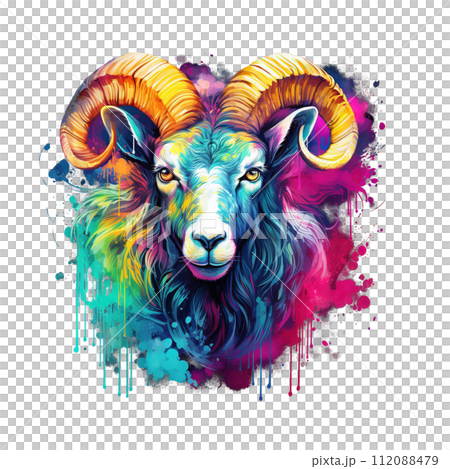 Painting of Big horn sheep head. Farm animals. Clipart for Sublimation Printing. Illustration, Generative AI. 112088479