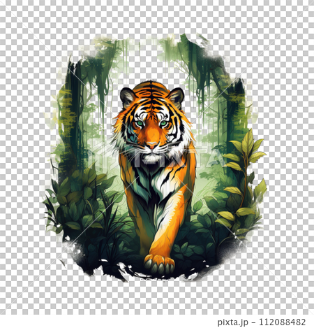 Painting of standing tiger in the forest. Wild Animals. Clipart for Sublimation Printing. Illustration, Generative AI. 112088482