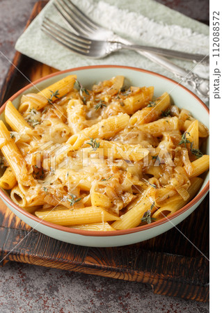 French Onion Pasta is perfectly reminiscent of French onion soup loaded with caramelized onions, with penne closeup on the bowl. Vertical French Onion Pasta is perfectly reminiscent of French onion soup loaded with caramelized onions, with penne closeup on the bowl. Vertical 112088572