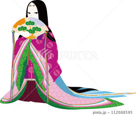 檜扇をもった十二単衣の女性キャラクターのイメージイラスト 112088595