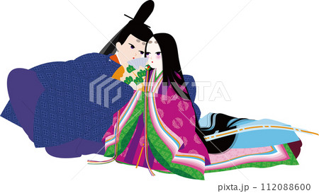 逢引するカップル。十二単衣の女性と直衣の男性のイメージイラスト 112088600