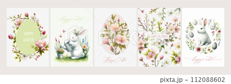 Happy Easter. Vector elegant trendy watercolor illustration of cute Easter bunny with floral wreath, Easter flowers, leaves and branches frame for greeting card, background or invitation. 112088602