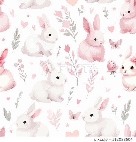 Easter watercolor seamless pattern design with bunnies. 112088604