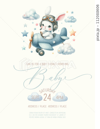Cute baby shower watercolor invitation card with bunny pilot on an airplane. Cute baby shower watercolor invitation card with bunny pilot on an airplane. 112088606