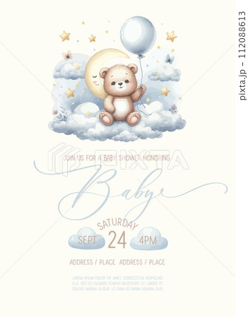 Cute baby shower watercolor invitation card with bear on cloud with balloon. 112088613