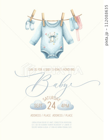 Cute baby shower watercolor invitation card with clothes for newborns drying on a rope. 112088635