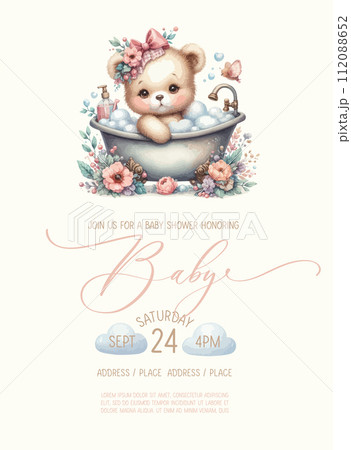 Cute baby shower watercolor invitation card with teddy bear girl takes a bath with foam. 112088652