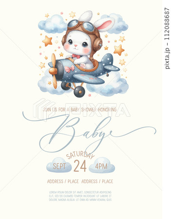 Cute baby shower watercolor invitation card with bunny pilot on an airplane. Cute baby shower watercolor invitation card with bunny pilot on an airplane. 112088687