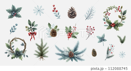 Set of Christmas floral elements. Christmas decoration wreath frame. 112088745