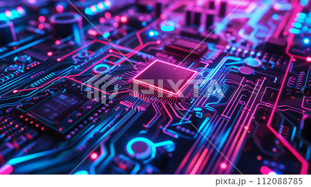 Macro shot of a high-tech circuit board with dynamic blue and pink lighting, symbolizing sophisticated electronics. Macro shot of a high-tech circuit board with dynamic blue and pink lighting, symbolizing sophisticated electronics. 112088785