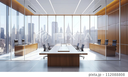 A spacious and contemporary corporate boardroom, featuring a large table, executive chairs, and a breathtaking panoramic view of the city skyline through floor-to-ceiling windows. 112088808
