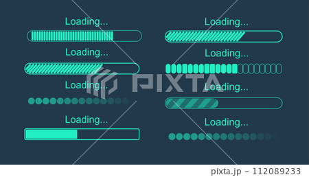 Futuristic progress loading bar. Set of indicators. Download progress, web design template, interface upload. Vector 112089233