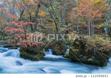 日本 青森県十和田市、十和田湖の子ノ口から焼山まで続く奥入瀬渓流の石ヶ戸の瀬と紅葉 日本 青森県十和田市、十和田湖の子ノ口から焼山まで続く奥入瀬渓流の石ヶ戸の瀬と紅葉 112089641