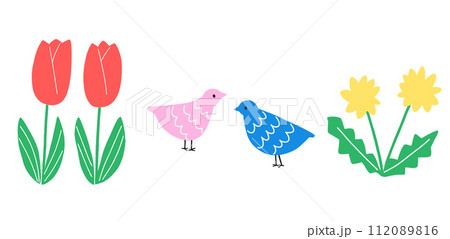 カラフルな春の花と小鳥のつがい 112089816