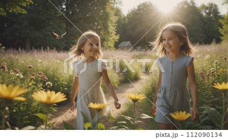 Happy children in their early teens enjoy nature, the forest and meadows and discover nature with birds and the wealth of nature in all its beauty in midsummer 112090134