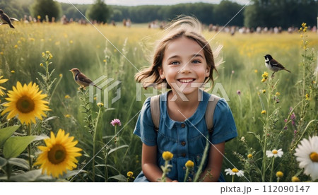Happy children in their early teens enjoy nature, the forest and meadows and discover nature with birds and the wealth of nature in all its beauty in midsummer 112090147
