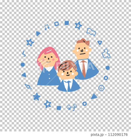 Students, women, and men wearing uniforms surrounded by a patterned circle Illustration material 112090176