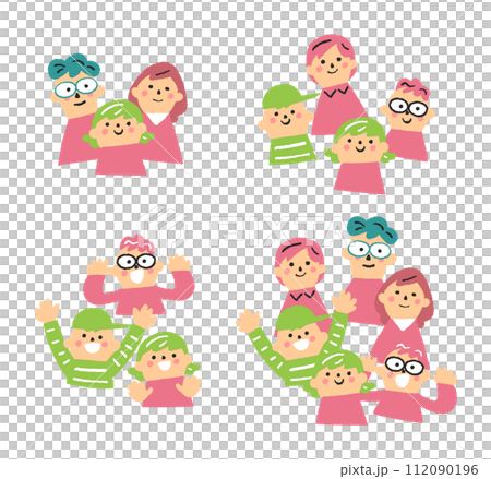 笑顔の大人と元気な子どもたち　セット　イラスト素材 112090196