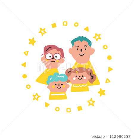 幾何学模様の円で囲まれた肩を寄せ合う二人の子どもと両親 イラスト素材 幾何学模様の円で囲まれた肩を寄せ合う二人の子どもと両親 イラスト素材 112090257