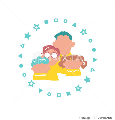 幾何学模様の円で囲まれた肩を寄せ合う二人の子どもと両親　表情なし　イラスト素材 112090260