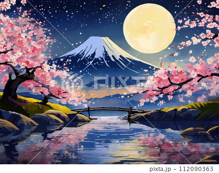 夜桜と富士山と満月の日本の春の風景（生成AI）のイラスト素材