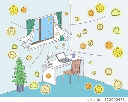 開けた窓から部屋に花粉が入ってくるイメージのカラーイラスト 112090478