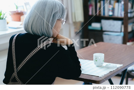 一人暮らしのシニア女性の後ろ姿 112090778