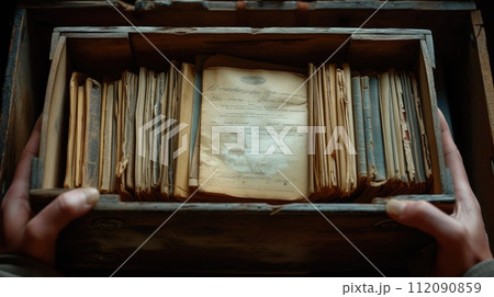 box with old archival documents 112090859