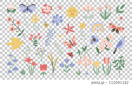 Cute set of abstract isolated spring flowers, plants, butterflies and birds. Cartoon children style, nursery drawing 112091182