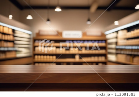 Empty table top with supermarket blurred defocused panorama, bokeh light. Backdrop for display montage products. Blank wood textured counter, blur grocery, bio eco market store background. Front view 112091383