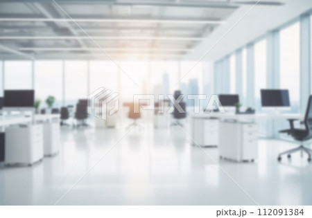Blurred empty modern office. Defocused abstract light bokeh business eco open space interior background design. Corporate strategy, finance, operations, marketing. Tables with computers blur focus 112091384