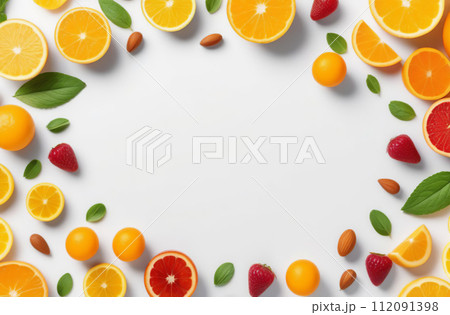 Many different fresh fruits on white background. Creative backdrop made of summer tropical fruits with leaves, grapefruit, orange, kiwi, berries, lemon. Food concept. Flat lay, top view, copy space 112091398
