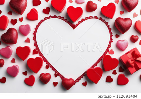 Abstract Valentine theme with many red heart shapes, flowers and items. Gift boxes with ribbon, bow. Confetti, presents. Top view, copy space. Festive stylish Valentine's Day background. Love concept 112091404