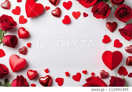 Abstract Valentine theme with many red heart shapes, flowers and items. Gift boxes with ribbon, bow. Confetti, presents. Top view, copy space. Festive stylish Valentine's Day background. Love concept 112091405