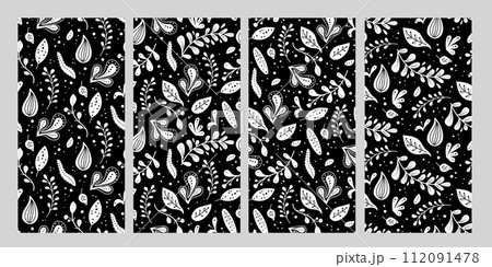 Seamless neo folk art vector patterns set with flowers, black and white floral design. Neo folk style endless background perfect for textile design. Seamless neo folk art vector patterns set with flowers, black and white floral design. Neo folk style endless background perfect for textile design. 112091478