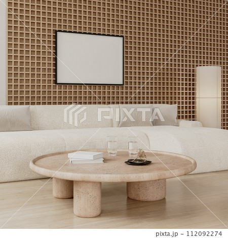 Horizontal frame mock up in modern living room interior with wooden wall panel and white sofa, 3d render 112092274
