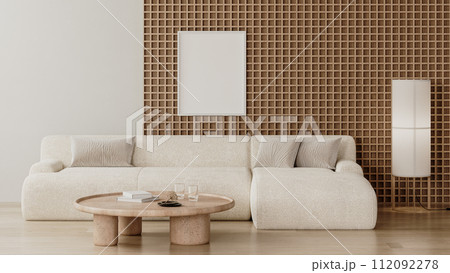 frame mock up in modern living room interior with wooden wall panel and white sofa, 3d render frame mock up in modern living room interior with wooden wall panel and white sofa, 3d render 112092278