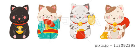 Japanese Lucky Cat with Beckoning Paw Vector Set 112092298