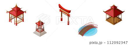 Asian Architecture with Gazebo, Bridge and Torii Gate Isometric Vector Set 112092347