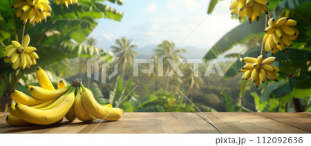 Ripe Bananas on Wooden Table in Tropical Setting Ripe Bananas on Wooden Table in Tropical Setting 112092636