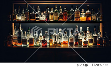 bottles of spirits and liquor on bar counter 112092646