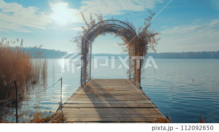 Lakeside Wooden Pier with Metal Arch Canopy Lakeside Wooden Pier with Metal Arch Canopy 112092650