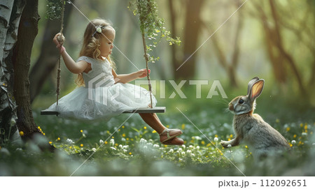 Child Swinging Near Rabbit in Spring Forest 112092651