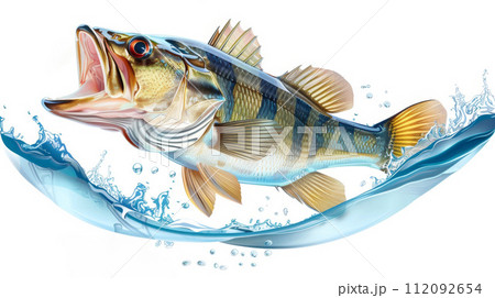 Illustration of Largemouth Bass Jumping with Water Splash 112092654