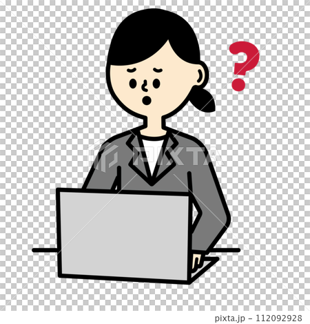 パソコンの前で疑問を感じるスーツの女性 パソコンの前で疑問を感じるスーツの女性 112092928