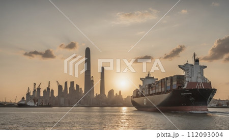 Large commercial freighter transports a wide variety of goods on oceans and sea routes around the world on long sea routes - ai generated 112093004