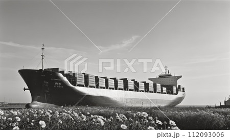 Large commercial freighter transports a wide variety of goods on oceans and sea routes around the world on long sea routes - ai generated 112093006